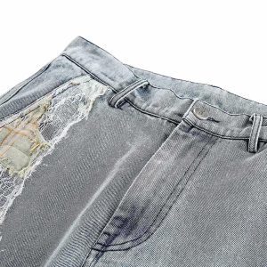 Concert Outfit Ripped Lace Panel Denim Pants