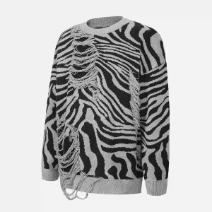 Concert Outfit Ripped Zebra Pattern Sweater