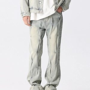 Concert Outfit Rivet Wrinkle Washed Jeans