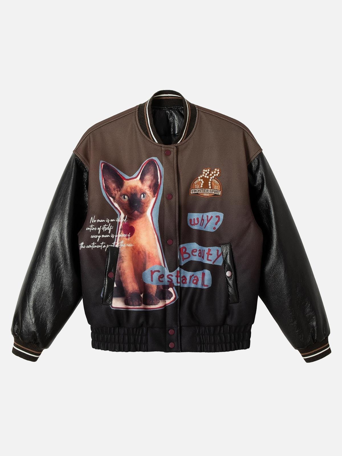 Concert Outfit Siamese Cat Embroidery Leather Bomber Jacket Concert Outfit Siamese Cat Embroidery Leather Bomber Jacket