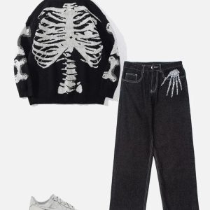 Concert Outfit Skull Bone Embroidery Loose Jeans