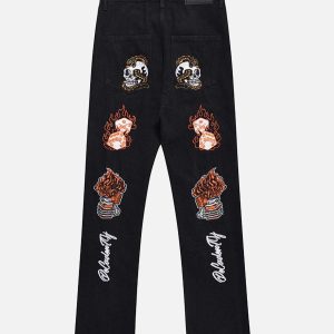 Concert Outfit Skull Flame Monogram Embroidered Slim Fit Jeans