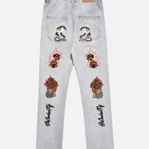 Concert Outfit Skull Flame Monogram Embroidered Slim Fit Jeans