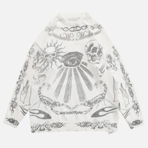 Concert Outfit Skull Print Distressed Sweater