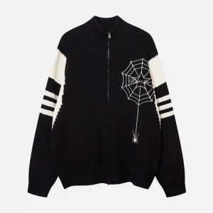 Concert Outfit Spider Web Stand Collar Zip-Up Cardigan