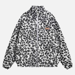 Concert Outfit Stand Collar Cheetah Print Fleece Jacket