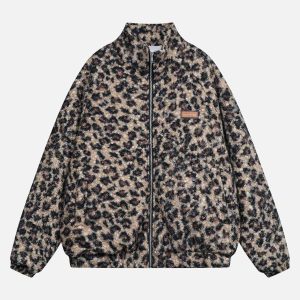 Concert Outfit Stand Collar Cheetah Print Fleece Jacket