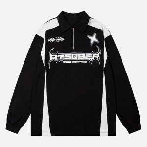 Concert Outfit Star Color-Blocking Long Sleeve Quarter Zipper Shirt