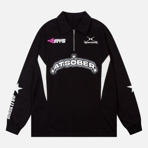 Concert Outfit Star Contrast Color Long Sleeve Quarter Zipper Shirt