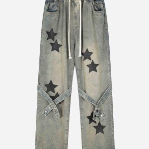 Concert Outfit Star Embroidered Elastic Waist Jeans