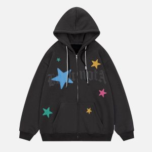 Concert Outfit Star Print Fleece Zip Hoodie