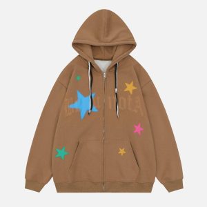 Concert Outfit Star Print Fleece Zip Hoodie