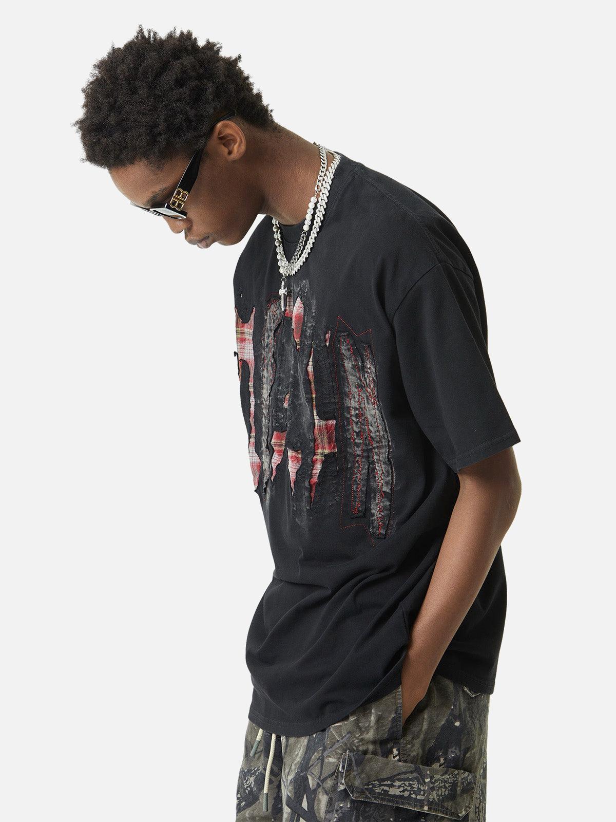 Concert Outfit Street Contrast Color Embroidered T-Shirt Concert Outfit Street Contrast Color Embroidered T-Shirt