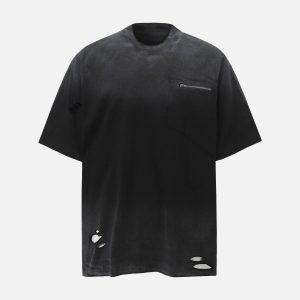 Concert Outfit Street Dirty-Dye Distressed Cut Pocket T-Shirt