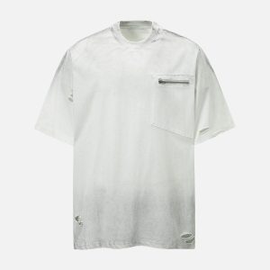 Concert Outfit Street Dirty-Dye Distressed Cut Pocket T-Shirt