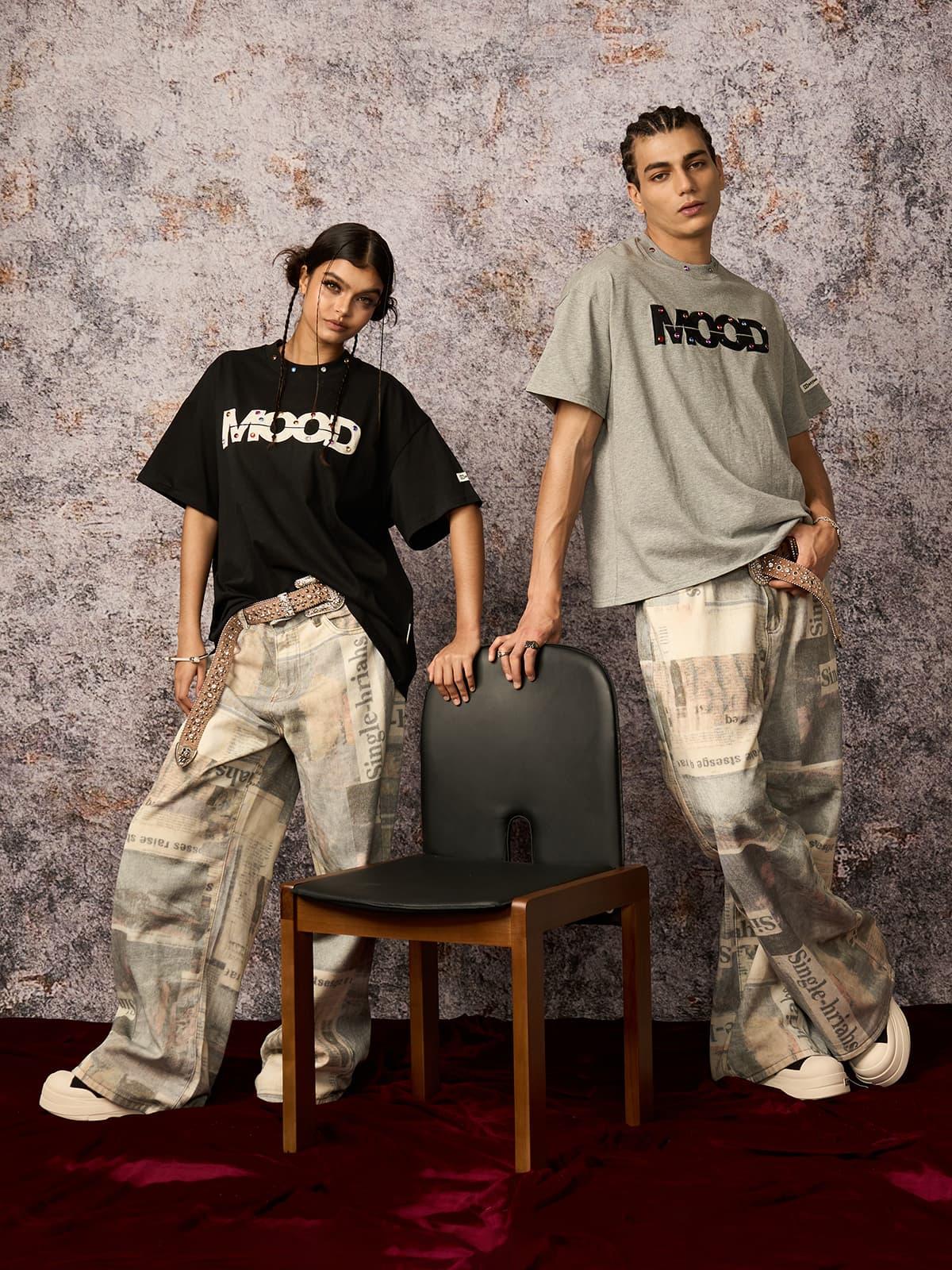 Concert Outfit Street Retro MOOD Patch Embroidered Rivet T-Shirt Concert Outfit Street Retro MOOD Patch Embroidered Rivet T-Shirt