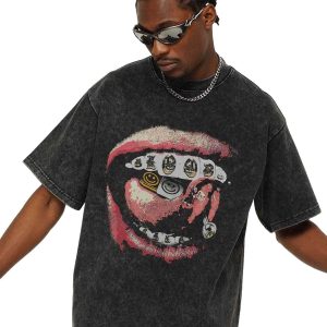 Concert Outfit Street Retro Washed Lip Print T-Shirt