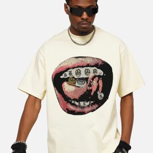Concert Outfit Street Retro Washed Lip Print T-Shirt