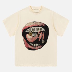 Concert Outfit Street Retro Washed Lip Print T-Shirt