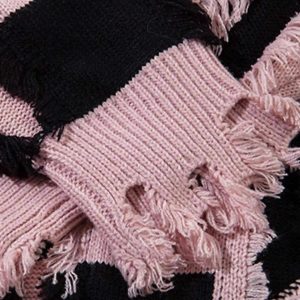 Concert Outfit Street Star Stripe Whisker Ripped Crew Neck Sweater