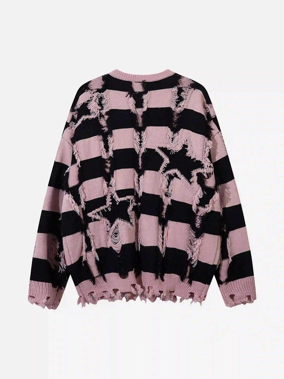Concert Outfit Street Star Stripe Whisker Ripped Crew Neck Sweater Concert Outfit Street Star Stripe Whisker Ripped Crew Neck Sweater