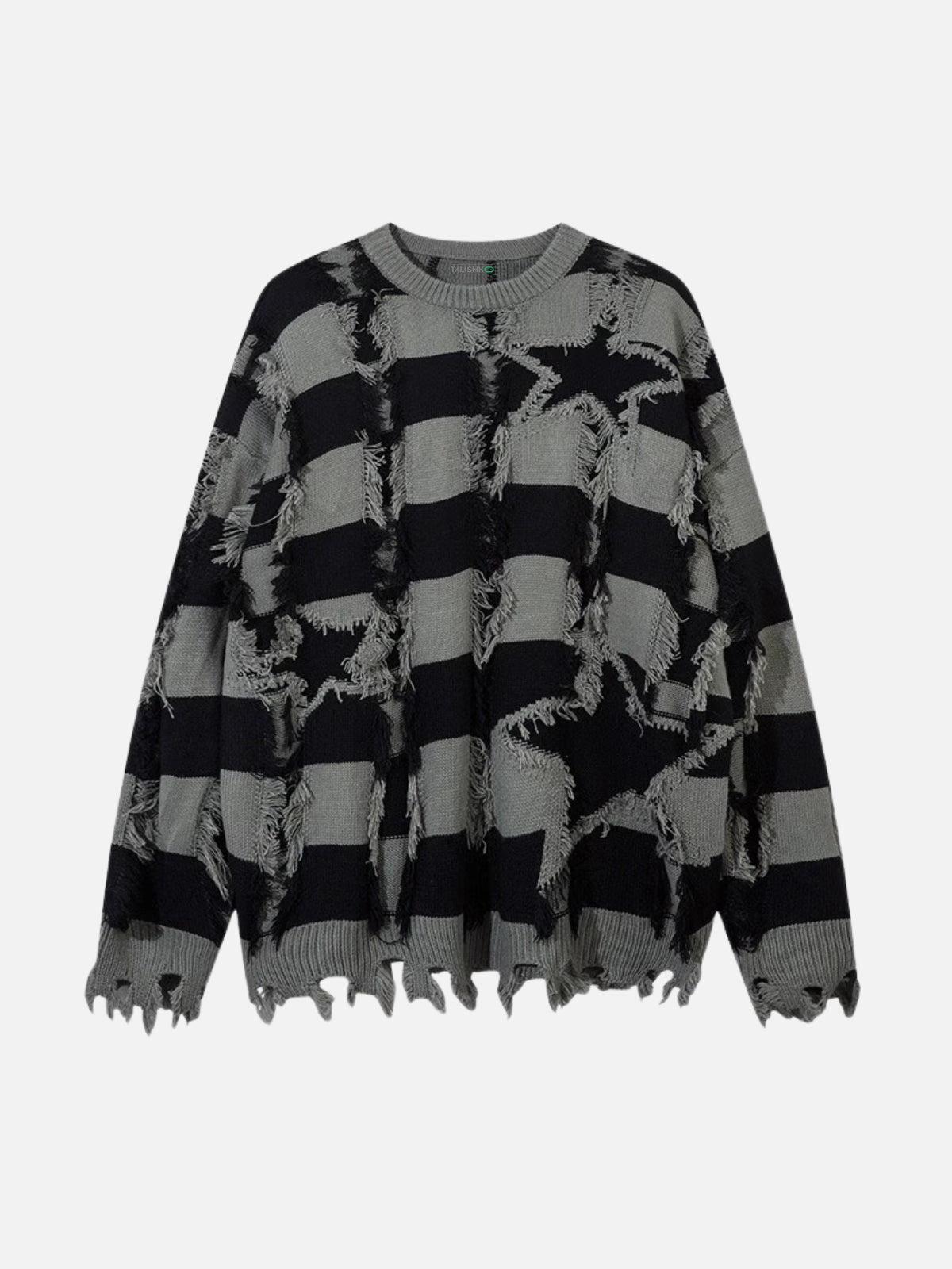 Concert Outfit Street Star Stripe Whisker Ripped Crew Neck Sweater Concert Outfit Street Star Stripe Whisker Ripped Crew Neck Sweater