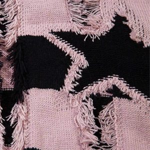 Concert Outfit Street Star Stripe Whisker Ripped Crew Neck Sweater