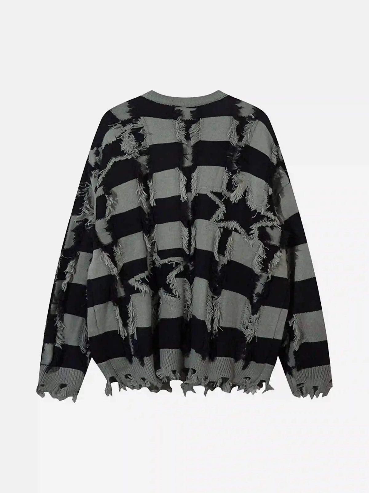 Concert Outfit Street Star Stripe Whisker Ripped Crew Neck Sweater Concert Outfit Street Star Stripe Whisker Ripped Crew Neck Sweater