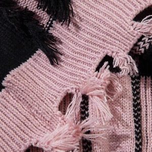 Concert Outfit Street Star Stripe Whisker Ripped Crew Neck Sweater