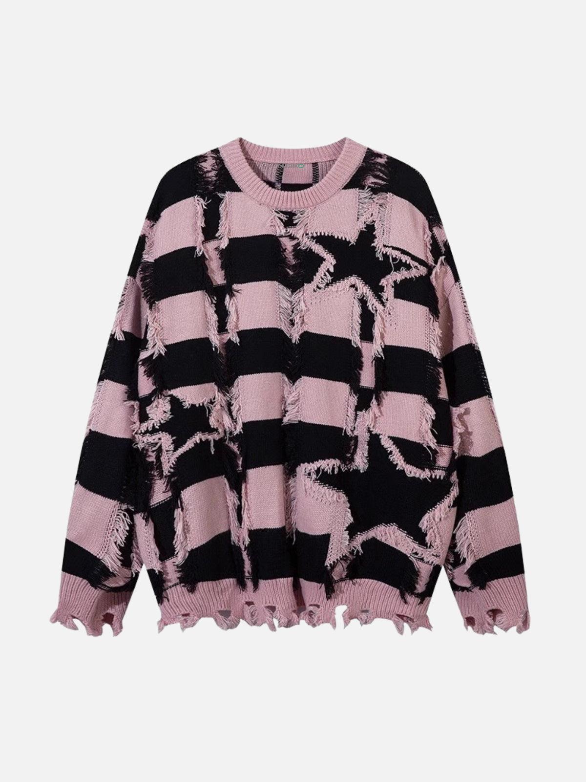 Concert Outfit Street Star Stripe Whisker Ripped Crew Neck Sweater Concert Outfit Street Star Stripe Whisker Ripped Crew Neck Sweater