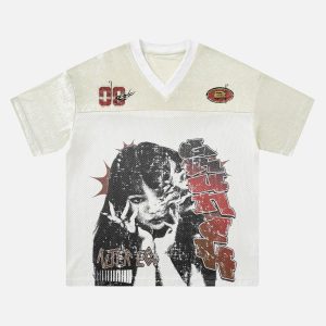 Concert Outfit Street Stitching Mesh Character Print T-Shirt