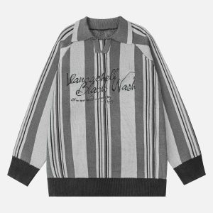 Concert Outfit Striped Embroidered Knit Polo Sweater