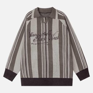 Concert Outfit Striped Embroidered Knit Polo Sweater