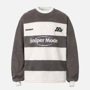 Concert Outfit Suede Contrast Stripe Embroidered Long SleeveT-Shirt