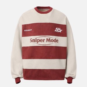 Concert Outfit Suede Contrast Stripe Embroidered Long SleeveT-Shirt