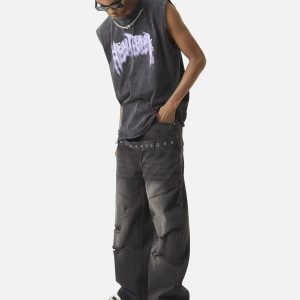 Concert Outfit ThesupermadeVintage Metallic Phantom Letter Distressed Washed Vest