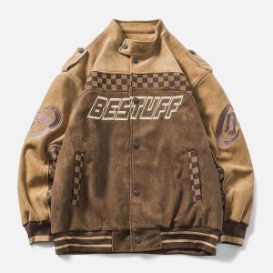 Concert Outfit Velvet Checkerboard Patchwork Racing Jacket