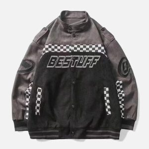 Concert Outfit Velvet Checkerboard Patchwork Racing Jacket