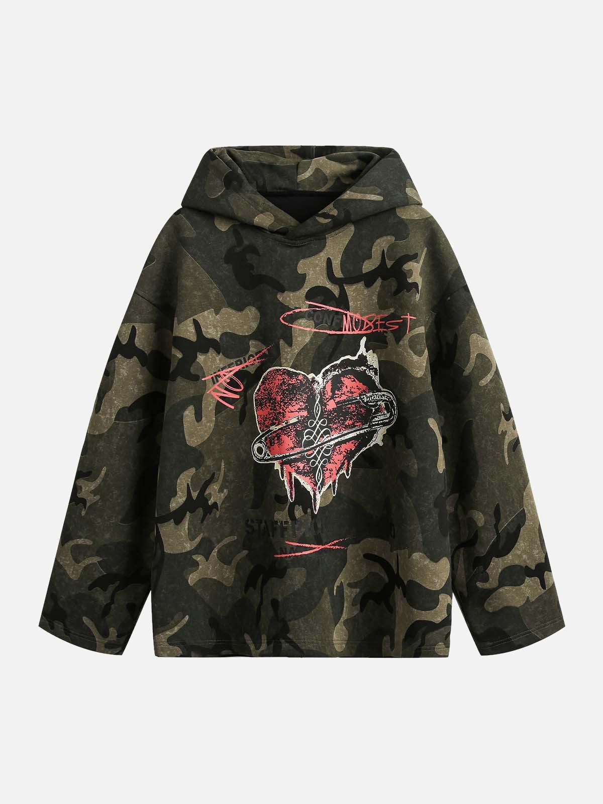 Concert Outfit Vintage Camouflage Flame Heart Print Hoodie Concert Outfit Vintage Camouflage Flame Heart Print Hoodie