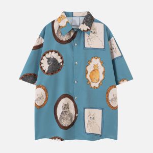 Concert Outfit Vintage Cat Print Short Sleeve Shirt