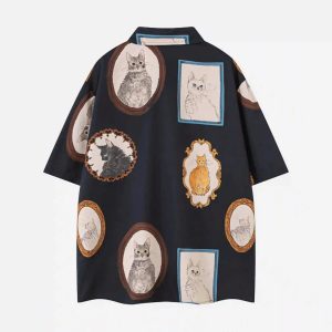 Concert Outfit Vintage Cat Print Short Sleeve Shirt