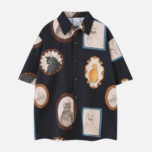 Concert Outfit Vintage Cat Print Short Sleeve Shirt