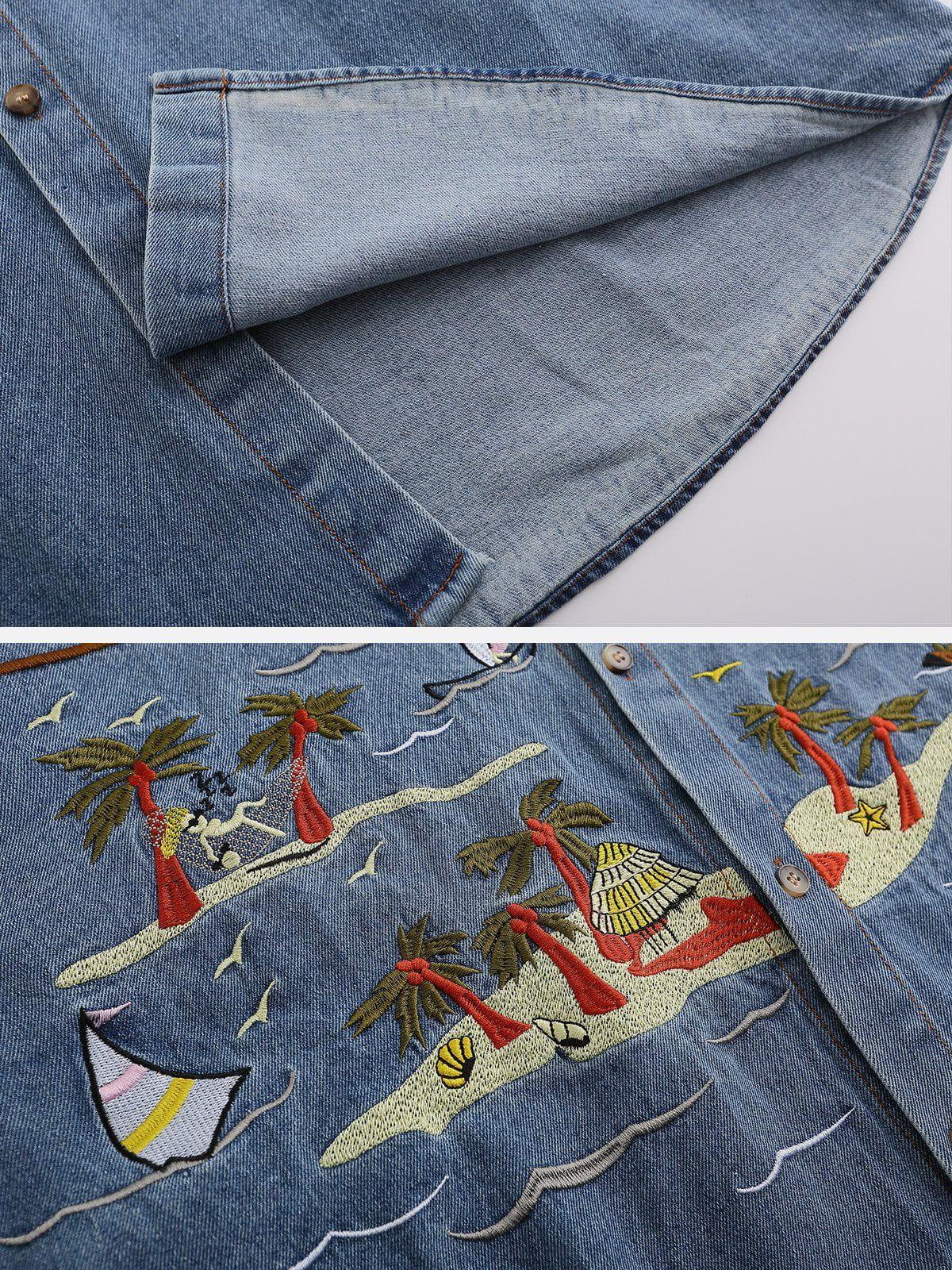Concert Outfit Vintage Embroidered Denim Short Sleeve Shirt Concert Outfit Vintage Embroidered Denim Short Sleeve Shirt