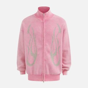 Concert Outfit Vintage Flame Jacquard Stand Collar Cardigan