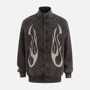 Concert Outfit Vintage Flame Jacquard Stand Collar Cardigan