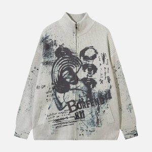 Concert Outfit Vintage Graffiti Zip-Up Cardigan