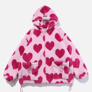 Concert Outfit Vintage Heart Pattern Oversize Sherpa Coat