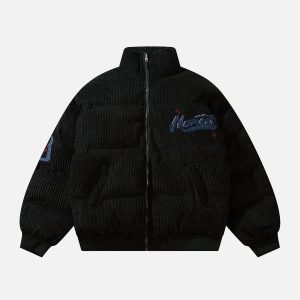 Concert Outfit Vintage Letter Embroidered Corduroy Winter Coat