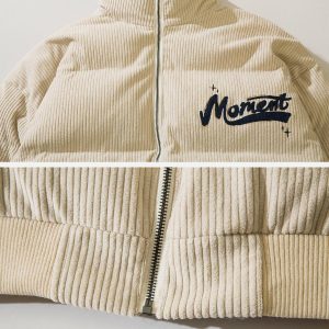 Concert Outfit Vintage Letter Embroidered Corduroy Winter Coat