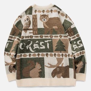 Concert Outfit Vintage Owl Bear Print Knitted Sweater